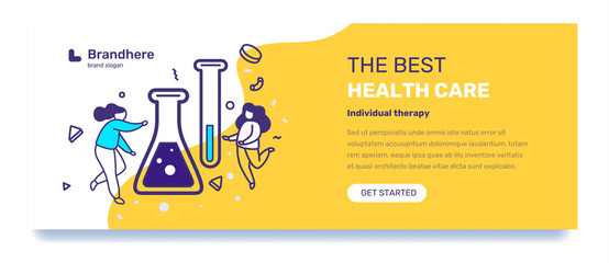 Vector medicine template with illustration of people with big flask and test tube. Health care concept with text on yellow background.