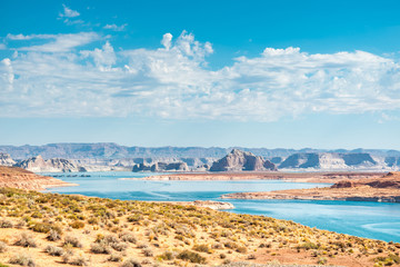 Beautiful orange rock formation at Lake Powell and Glen Canyon Dam in the Glen Canyon National Recreation Area Desert of Arizona and Utah, United States