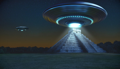 Flying saucer on Maya pyramid ruins Chichen itza in the early night with a light energy ray - 3d rendering - concept art © danielegay