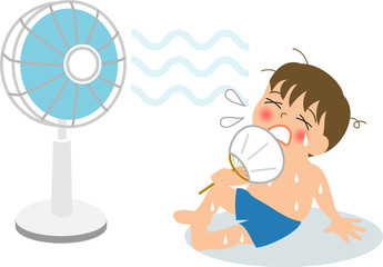 扇風機にあたる夏バテの子供