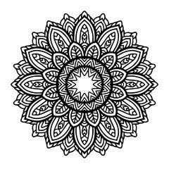 Round black mandala on white isolated background. Vector boho Mandala with floral patterns. Anti-stress therapy, decorative round ornament. Hand drawn background