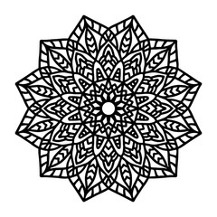 Round black mandala on white isolated background. Vector boho Mandala with floral patterns. Anti-stress therapy, decorative round ornament. Hand drawn background