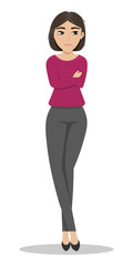 The angry girl crossed her arms. Flat vector illustration. Emotions.