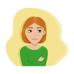The angry girl crossed her arms. Flat vector illustration. Emotions.