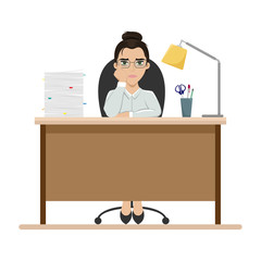 Tired girl at work at the office table. Office worker. Boredom. Flat vector illustration.