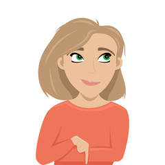 Girl flirting rolling her eyes. Embarrassment. Flat vector illustration.