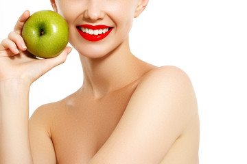 Healthy Diet Food. Closeup Portrait Of Beautiful Happy Smiling Young Woman With Perfect Smile, White Teeth And Fresh Face Holding Organic Green Apple. Dental Health Concept. High Resolution Image