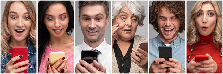 Diverse surprised people with smartphones