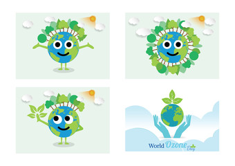 Vector illustration green earth of a cartoon design earth planet globe with environment elements around tree.
