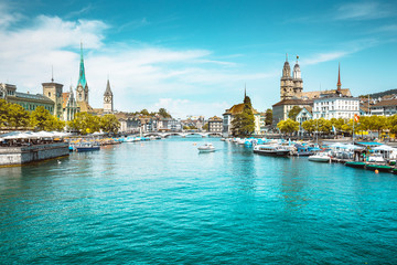 Zürich city panorama with Limmat river in summer, Switzerland
