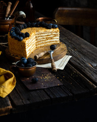 Delicious homemade cut of russian honey cake medovik with white cream, blue and black berries on top