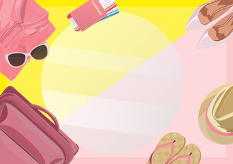 Pink women's clothing and accessories on the floor. Traveler accessories. Vector illustration. Isolated on a white background.