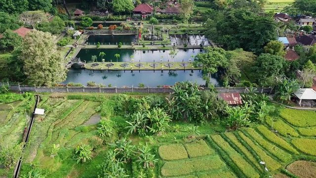 Aerial view of Tirta Gangga water palace in the early morning.