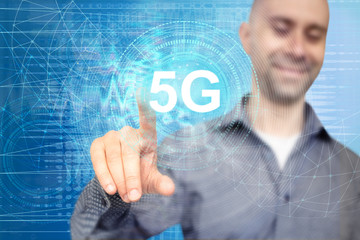 Businessman on blurred background using 5G network interface 3D rendering