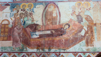 Kutaisi, Georgia - Jun 19 2018: Ancient Mural at Gelati Monastery in Kutaisi, Imereti, Georgia. It is part of the World Heritage Site.