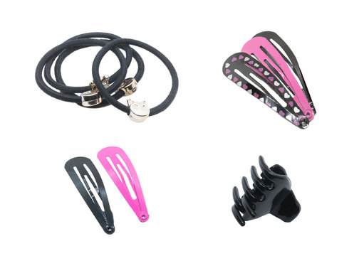 Hair Accessories Isolated On White. Black Thin Hair Ties. Black And Pink Hair Clips For Girls. The Composition Of The Three Hairpins. The Composition Of Their Two Hairpins. Black Small Size Hair Crab