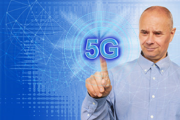 Businessman on blurred background using 5G network interface 3D rendering