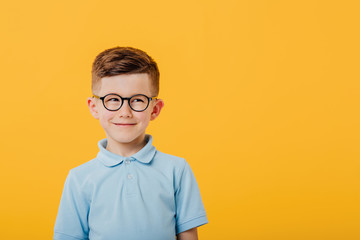 portrait of a beautiful little boy and handsome, in glasses, dressed in blue shirt, isolated on yellow background, copy space © Alexandr