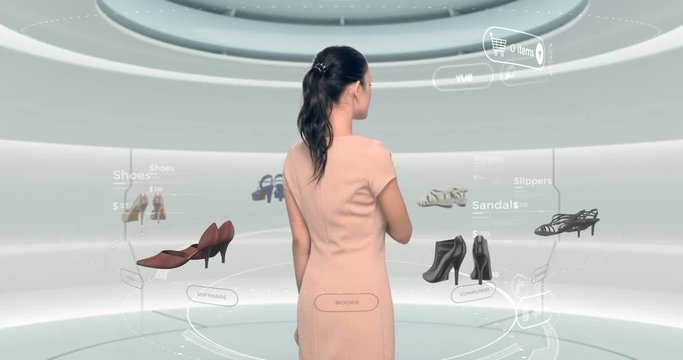 Virtual Reality Shop Online shopping concept. Woman operates HUD holographic user interface with products. Girl choosing shoes in internet web VR store.