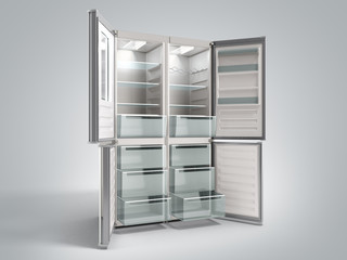 Empty Open Stainless steel modern refrigerator 3d illustration on grey gradient background