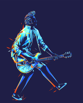 Musician with a guitar. Guitarist with duckwalk style. Rockabilly pompadour hair guitar player abstract vector