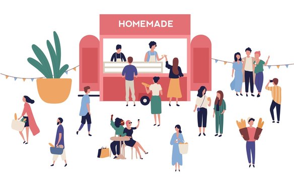 Kiosk or stall with tasty homemade meals, adorable people buying and selling street food at outdoor festival, summer open air market or seasonal fair. Modern flat cartoon vector illustration.