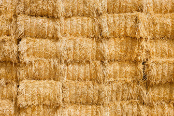 Haystack background of rectangular hay bales, close up.