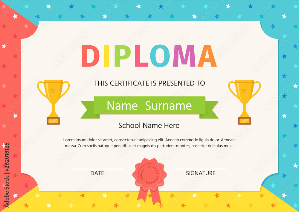 Wall mural kid diploma, certificate. vector. preschool, kindergarten, school template graduation background. wi