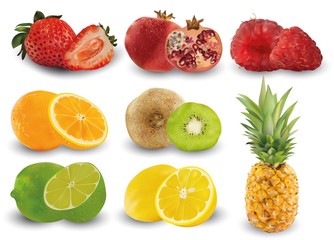 Set of strawberry, pomegranate, raspberry, orange, kiwi, lime, lemon and pineapple. Set, group of six fruit. Raw fruit. Concept good nutrition, healthy food and lifestyle, Vector illustration