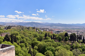 Panoramic view of Sierra Nevada mountains from La Alhambra, Granada, Spain