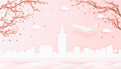 Panorama travel postcard, poster, tour advertising of world famous landmarks of Bern, spring season with blooming flowers in tree