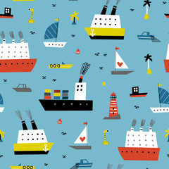 Cute seamless vector pattern with sea ships and seagulls. Summer bright background for fabric design. Scandinavian style.