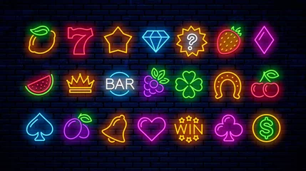 Foto op Plexiglas Vector set of neon gaming icons for casinos. Neon signs for slot machines. © Onabi