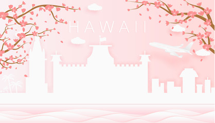 Panorama travel postcard, poster, tour advertising of world famous landmarks of Hawaii, spring season with blooming flowers in tree