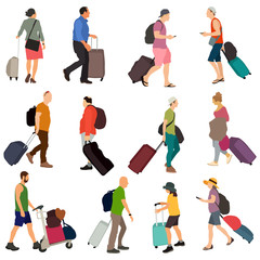 Passengers walking with luggage vector illustration set