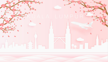 Panorama travel postcard, poster, tour advertising of world famous landmarks of Kuala Lumpur, spring season with blooming flowers in tree
