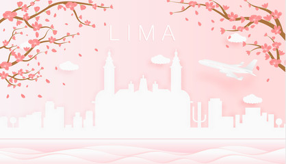 Panorama travel postcard, poster, tour advertising of world famous landmarks of Lima, spring season with blooming flowers in tree