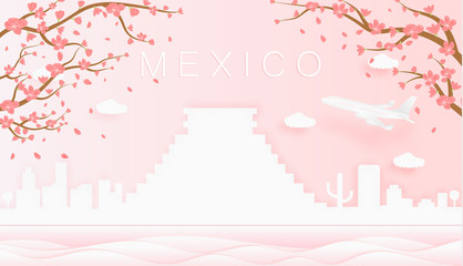 Panorama travel postcard, poster, tour advertising of world famous landmarks of Mexico, spring season with blooming flowers in tree