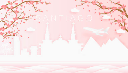 Panorama travel postcard, poster, tour advertising of world famous landmarks of Santiago, spring season with blooming flowers in tree