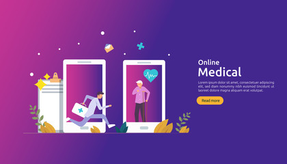 Flat online medical advice or health care service. Call doctor support concept with people character. template for web landing page, banner, presentation, social, poster, ad, promotion or print media