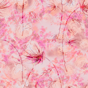 Vintage seamless watercolor pattern of plants. Herbs, flowers, dried flowers, branch, flowers watercolor. abstract splash of paint. Dried flowers, bamboo, palm leaf, poppy, rose, lavender, leaves,