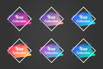 new collection color promo phrase. new collection stock vector illustrations with painted gradient brush strokes over rhombus frames for advertising labels, stickers, banners, leaflets, tags, posters