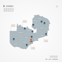 Zambia map with borders, cities, capital and administrative divisions. Infographic vector map. Editable layers clearly labeled.