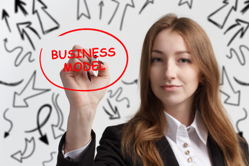 Business, technology, internet and networking concept. Young entrepreneur showing keyword: Business...