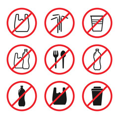 say no to plastic red prohibition sign. say no to plastic bag pollution. zero waste eco icons. save environment and ecology of earth. go green eco friendly environment concept.