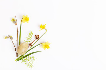 Festive flower composition on the white wooden background. Overhead view