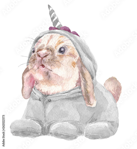 Cute Baby Rabbit In Pink Unicorn Pajamas Bunny Print For