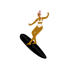 Girl Surfer in White Swimsuit Riding Surfboard Catching Waves, Young Woman Enjoying Summer Vacation, Recreational Water Sport Vector Illustration