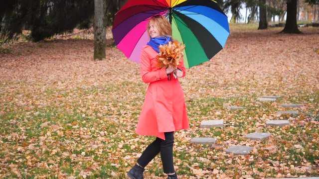 An attractive cute blonde girl in a red coat with yellow maple leaves in her hands happily walks in the autumn forest. Beautiful young woman with colourful umbrella in autumn park.