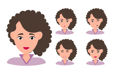 Female young character face set with different emotion. Brunette girl with happy, angry, unhappy, laughing, scared, wow, fun emotions. Vector Illustration